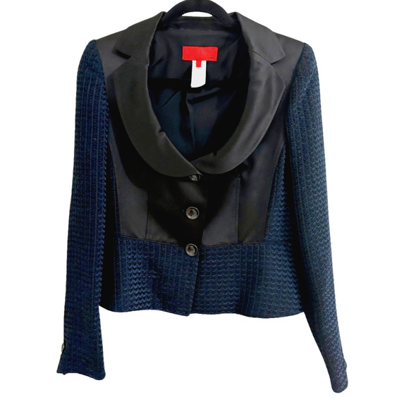 Les Copains Women's Blue Black Satin Three Button Knit Blazer US 12 Size 44 - Picture 1 of 12